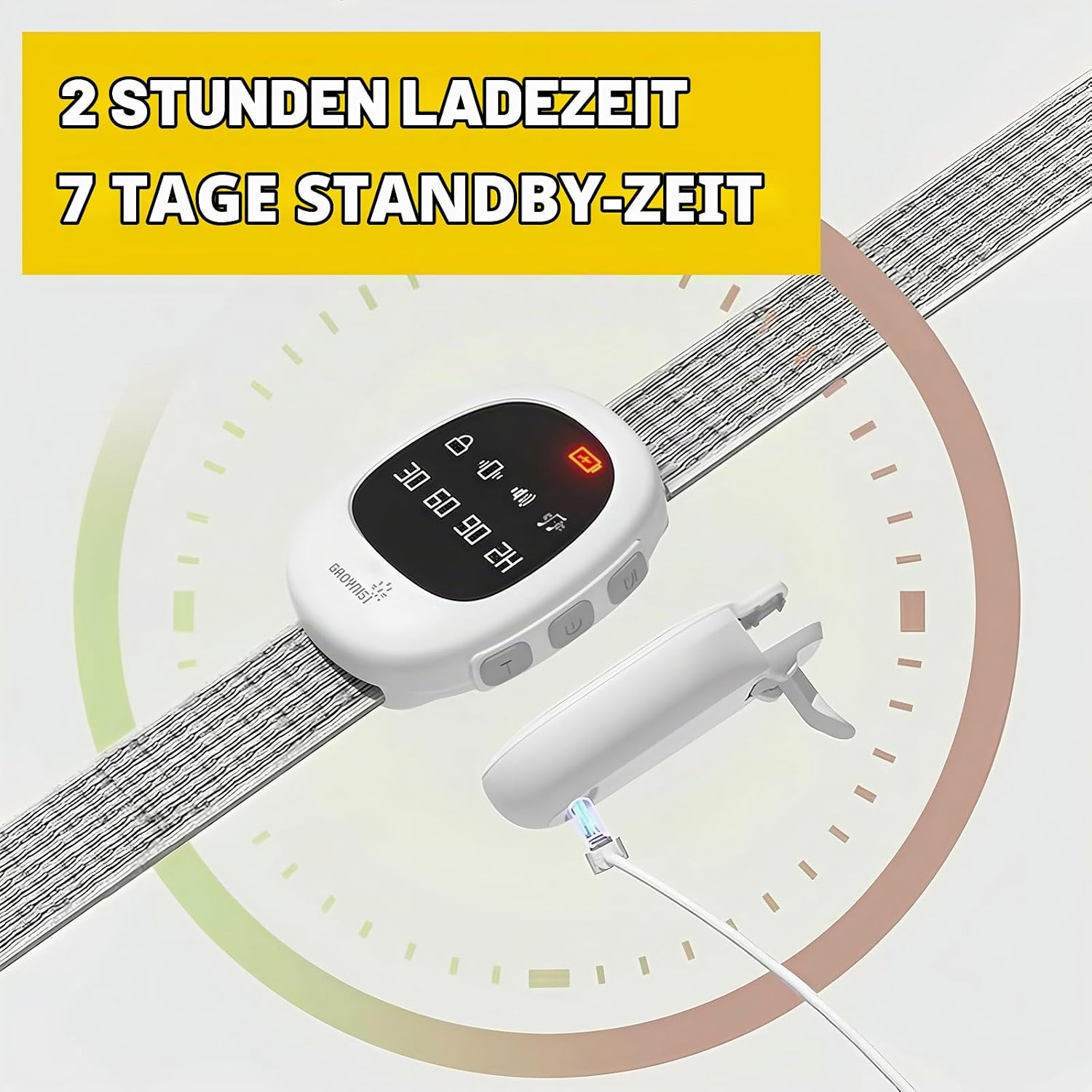 Weißes elektronisches Gerät mit Display, Text über 2 Stunden Ladezeit und 7 Tage Standby.