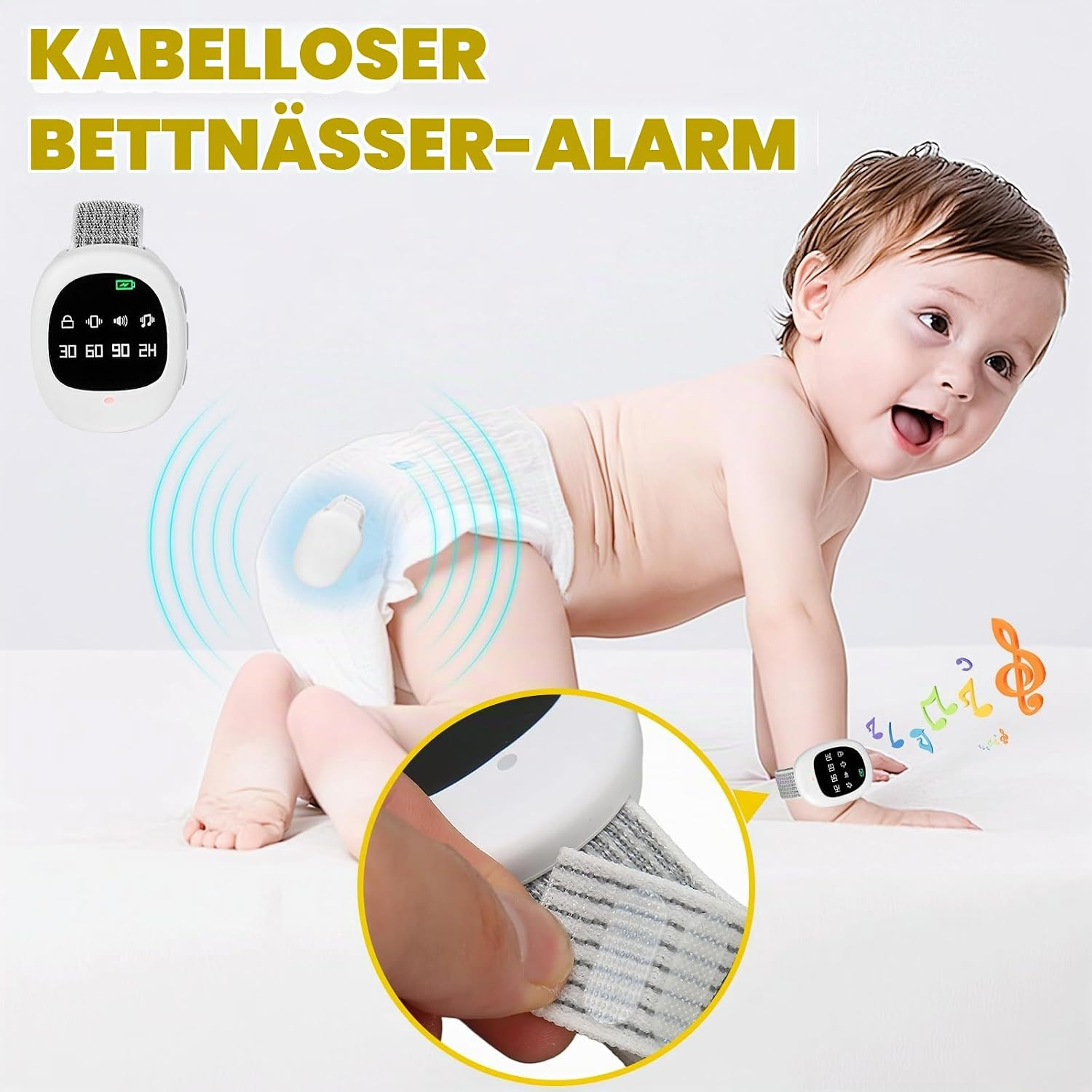 Ein glückliches Baby in Windeln krabbelt auf weißem Bett, dazu drahtloser Bettnässer-Alarm und Anwendungsdetails.
