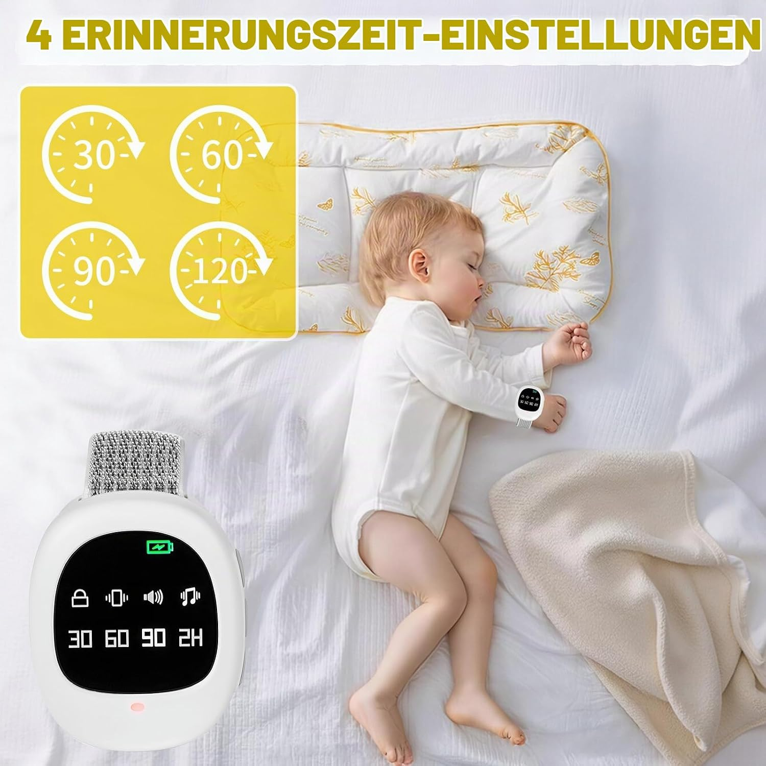 Ein Baby schläft auf einem Bett, während ein Uhrenwecker mit Timer-Symbolen und Einstellungen für 30 bis 120 Minuten angezeigt wird.