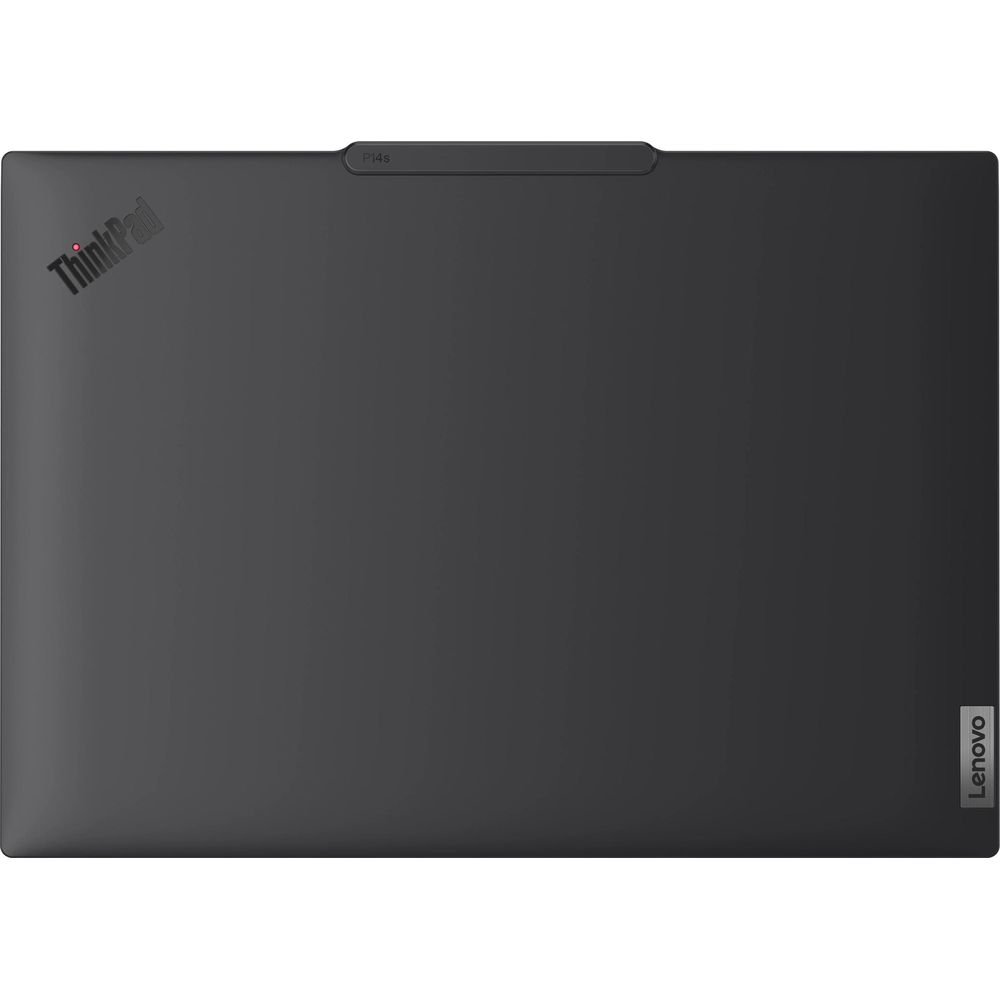 Ordinateur portable Lenovo ThinkPad P14s noir fermé avec les logos ThinkPad et Lenovo.