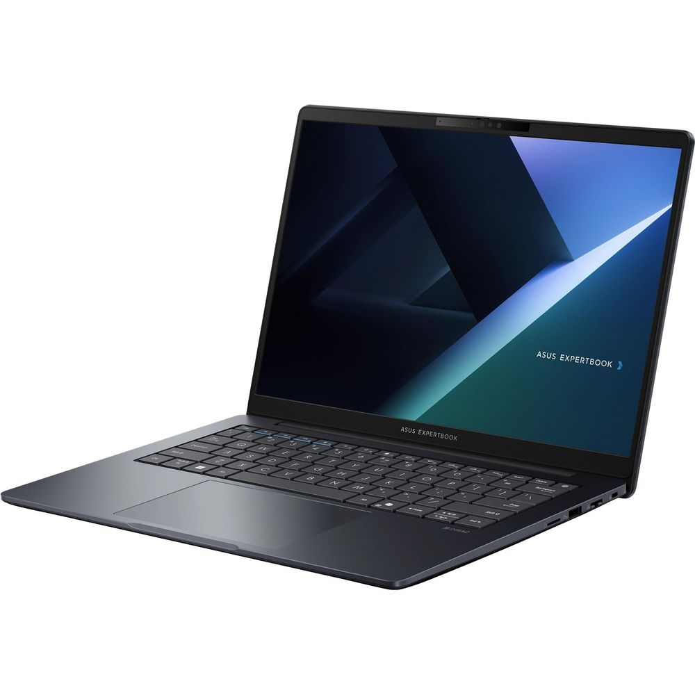 Un laptop Asus ExpertBook grigio scuro aperto su superficie bianca, con sfondo astratto blu.