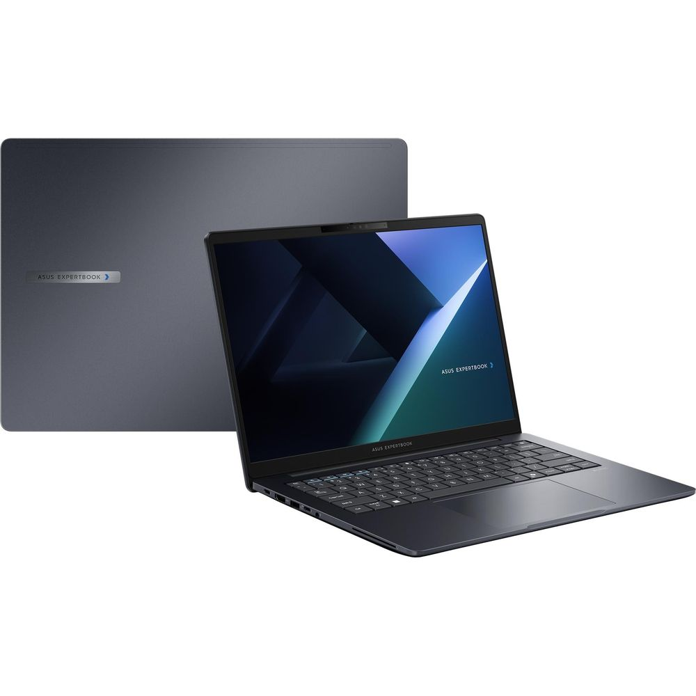 Laptop ASUS ExpertBook grigio scuro, mostrato aperto con schermo e tastiera, e chiuso con il logo.