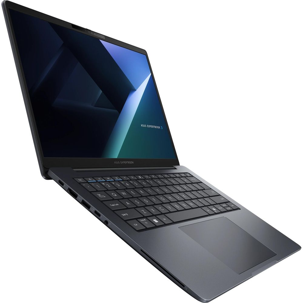 Un computer portatile ASUS grigio scuro è mostrato ad angolo, con uno sfondo blu astratto.