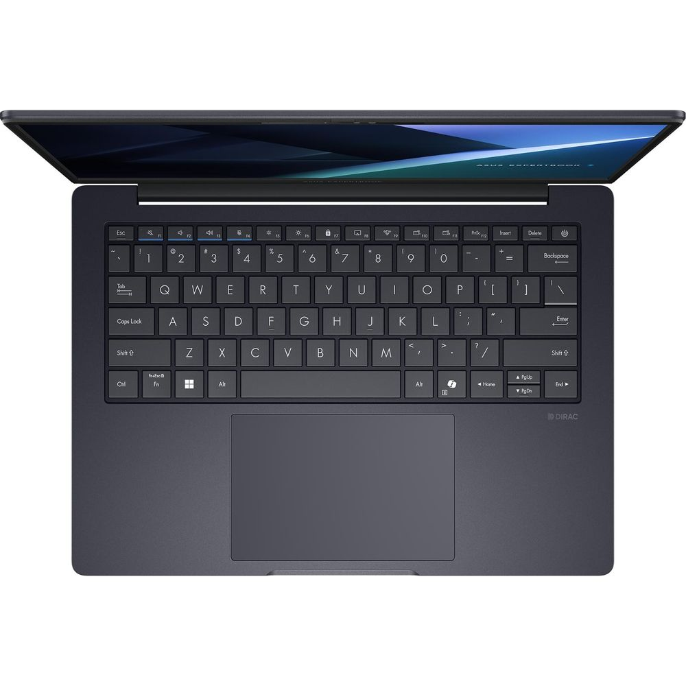 Vista dall'alto di un laptop grigio scuro aperto che mostra tastiera, trackpad e schermo con grafica blu.