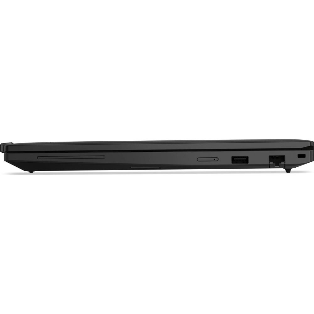 Profilo laterale di un computer portatile nero con porte e slot visibili su sfondo chiaro.