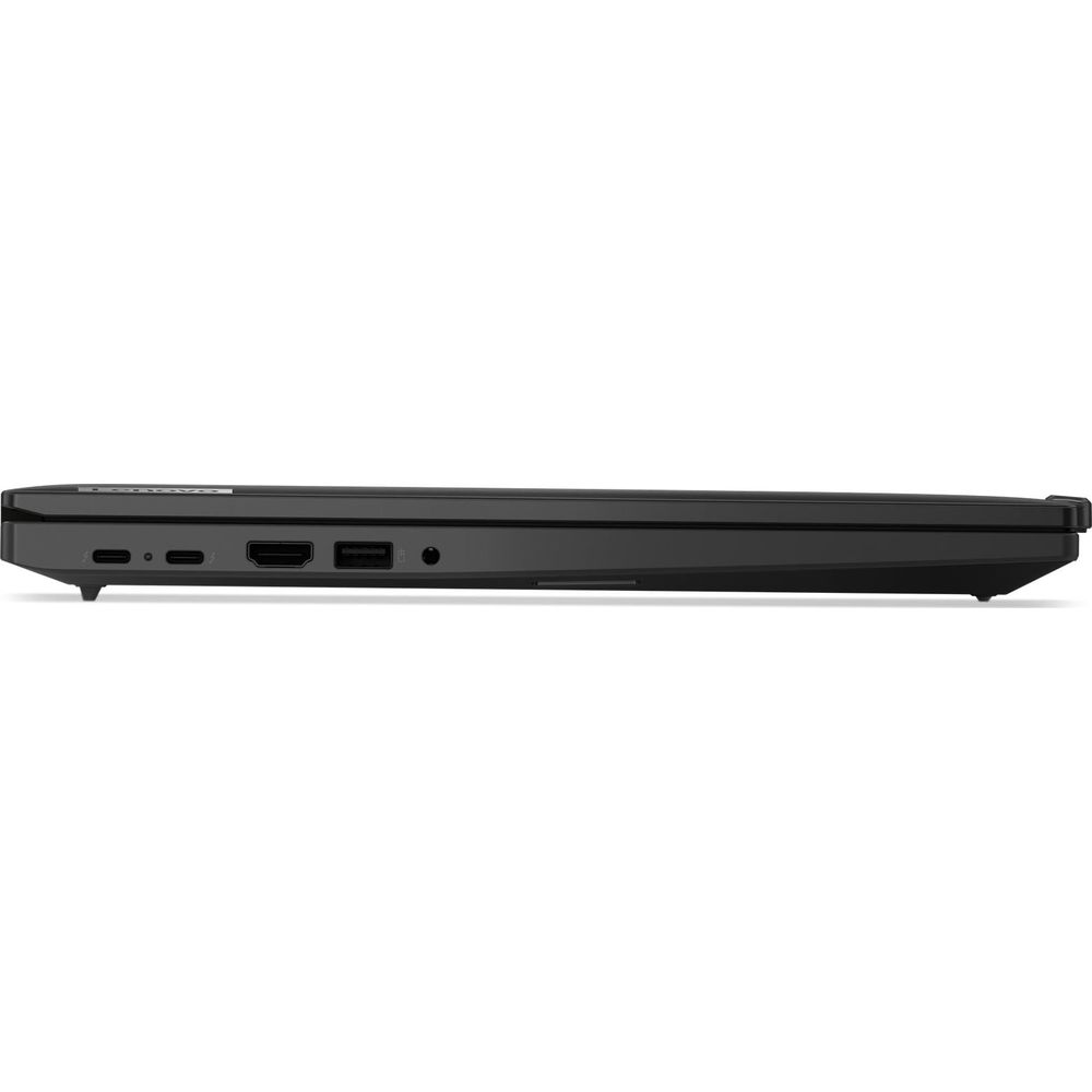 Vista laterale di un laptop nero sottile che mostra varie porte tra cui USB-C, HDMI e jack audio.