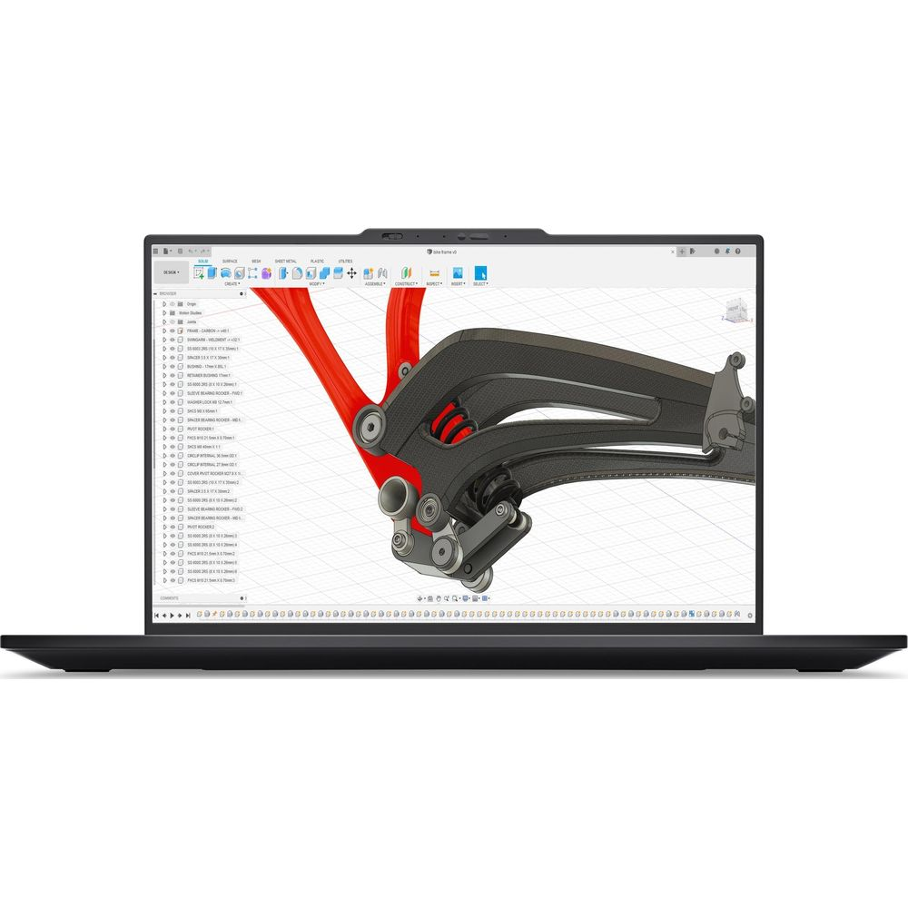 Lo schermo di un laptop mostra un software di design CAD 3D con un telaio di bicicletta rosso e grigio.