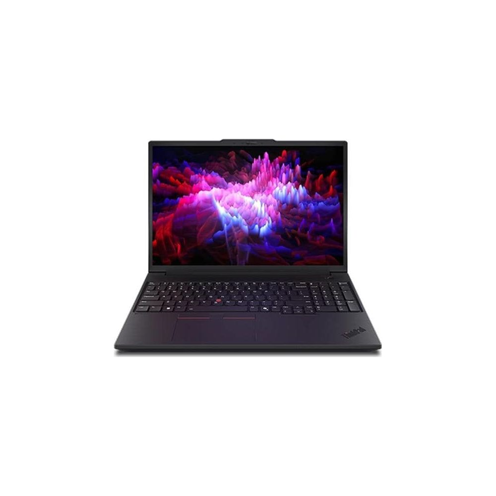 Ein schwarzer Laptop zeigt ein buntes, abstraktes Hintergrundbild mit roten, blauen und violetten Farben.