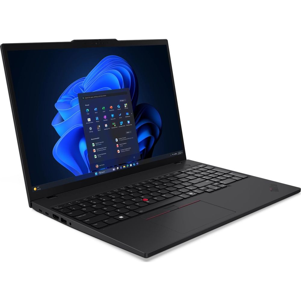 Un computer portatile nero con uno sfondo blu sullo schermo, visto da una prospettiva a tre quarti.