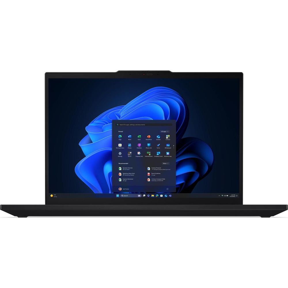 Un laptop nero mostra un desktop Windows 11 con uno sfondo astratto blu.