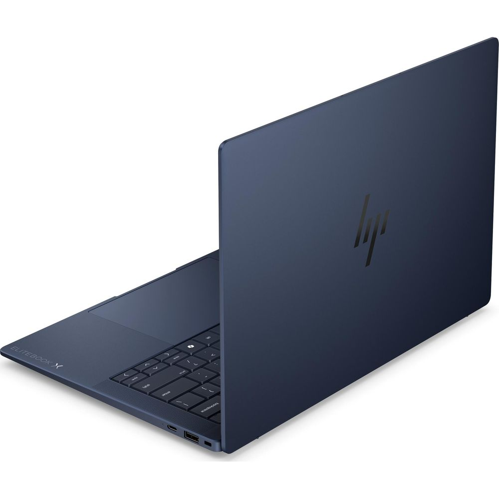 Un ordinateur portable HP EliteBook bleu foncé vu de dos sur fond blanc.