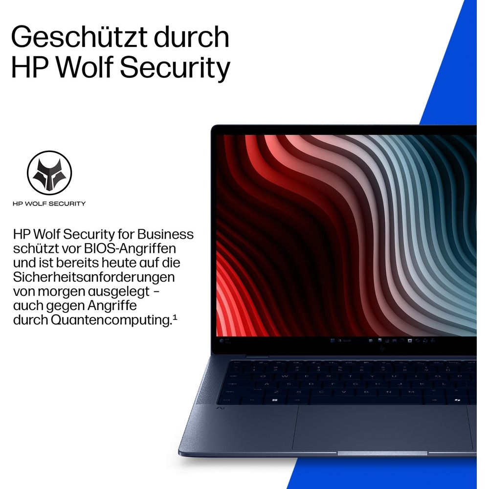 Un ordinateur portable HP affichant un fond d'écran abstrait rouge et noir avec du texte en allemand.