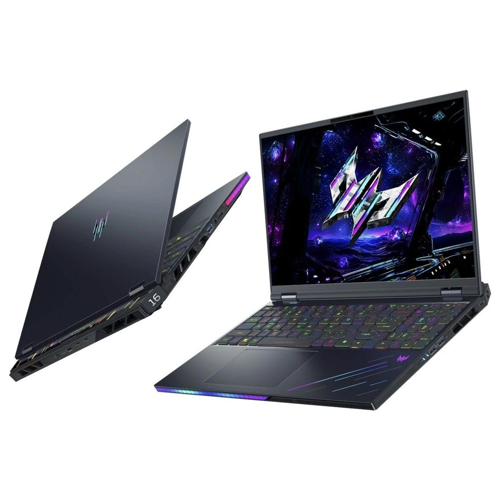 Un laptop da gioco nero con tastiera colorata e schermo luminoso.