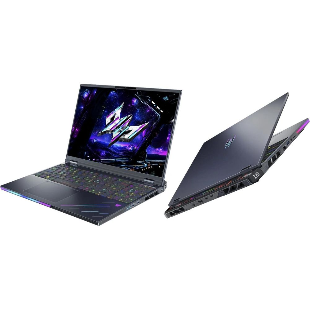 Due laptop da gioco grigi su sfondo bianco, uno aperto con display colorato e l'altro chiuso.