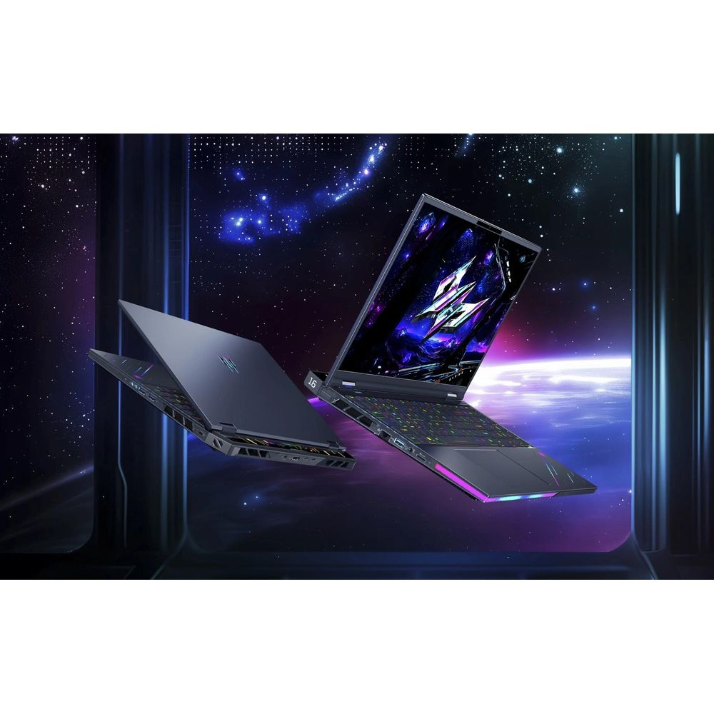 Due laptop da gioco fluttuano nello spazio con luci RGB colorate e uno sfondo di galassia.