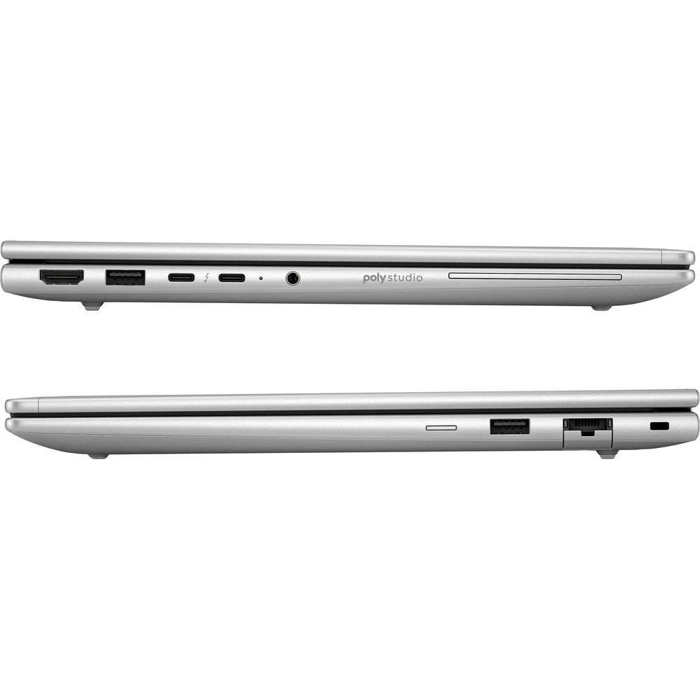 Profils latéraux d'un ordinateur portable argenté montrant des ports USB, HDMI et audio sur les bords.
