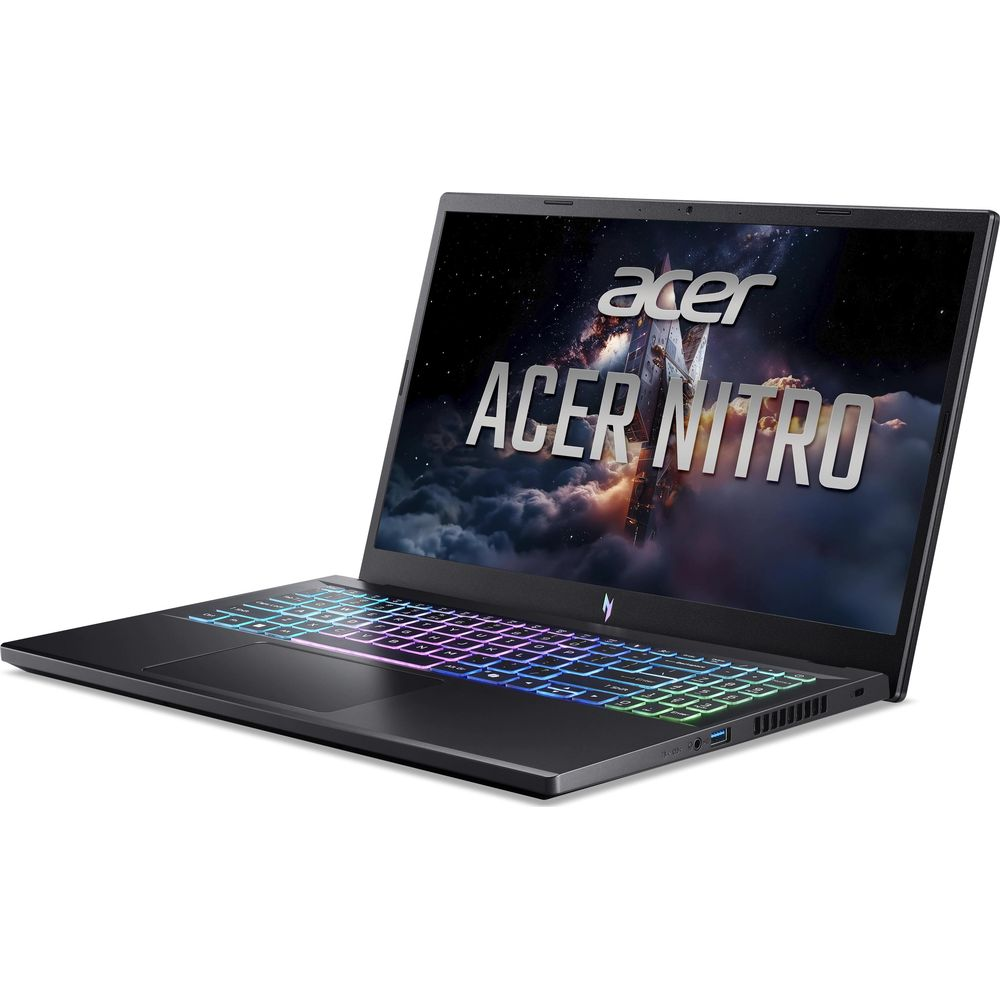 Un notebook da gioco Acer Nitro nero aperto con tastiera RGB illuminata e uno sfondo cosmico sullo schermo.