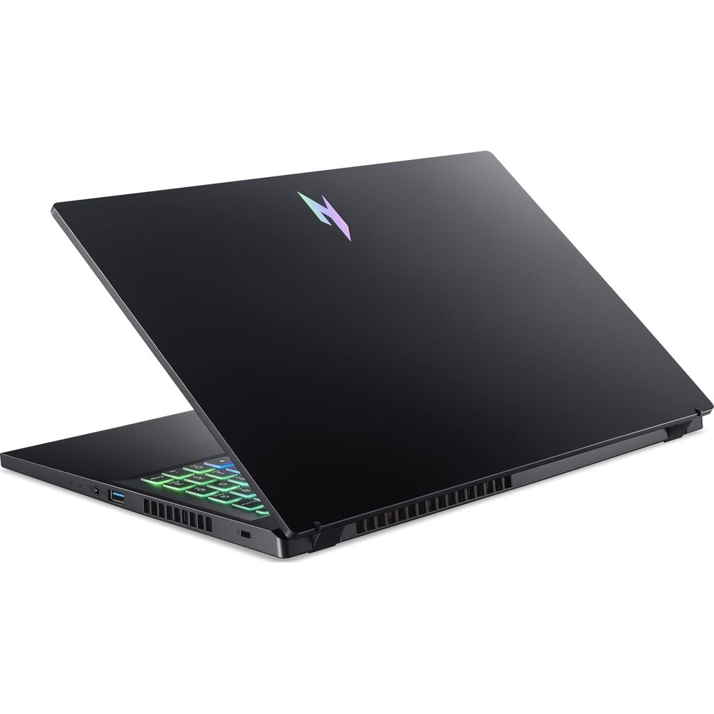 Un laptop da gioco nero con tastiera retroilluminata colorata e un logo luminoso sul coperchio chiuso.