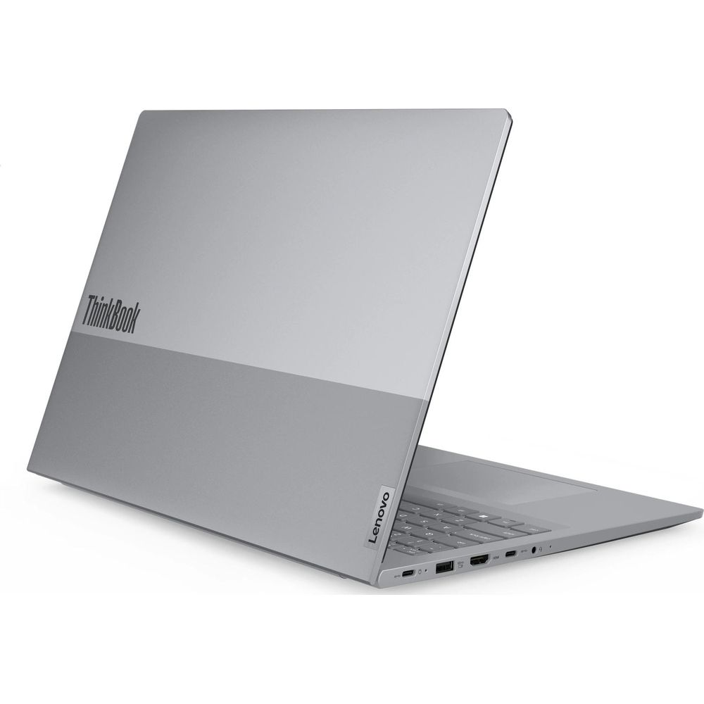 Un ordinateur portable Lenovo ThinkBook argenté sur fond blanc, montrant l'arrière et le côté droit.
