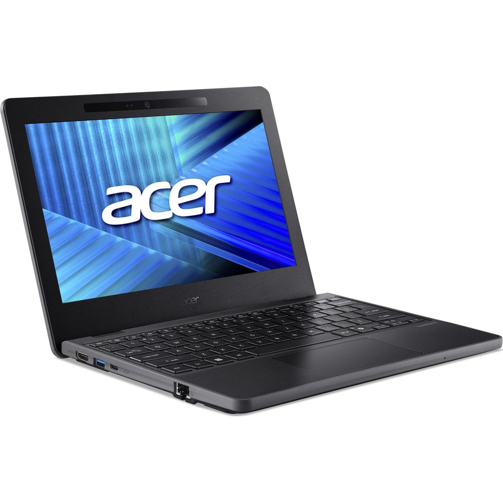 Un ordinateur portable Acer noir avec un écran ouvert affichant un fond bleu sur fond blanc.