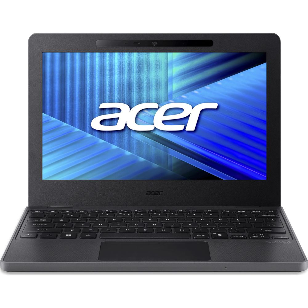 Un ordinateur portable Acer noir avec l'écran allumé, affichant le logo Acer sur fond bleu.
