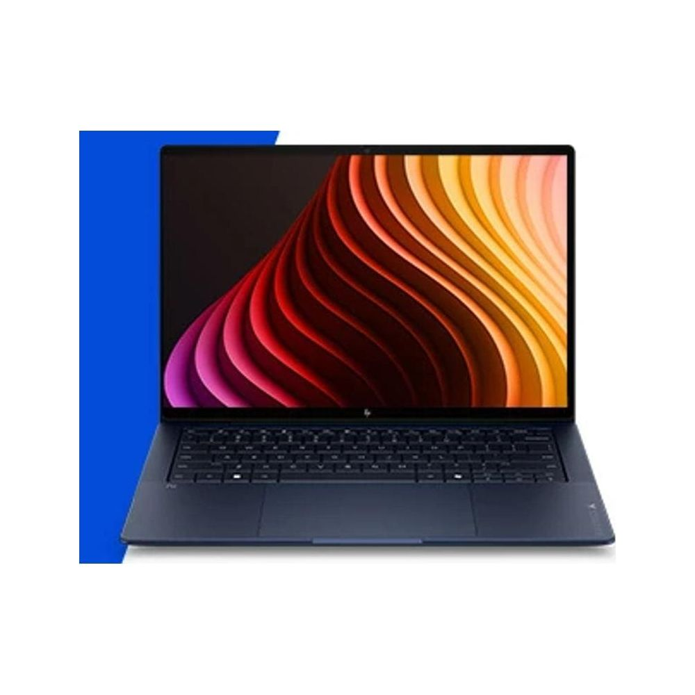 Un ordinateur portable bleu affichant un motif d'ondes colorées sur son écran avec un fond bleu.
