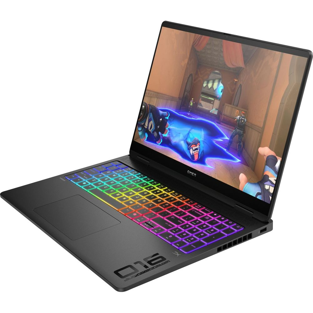 Un laptop da gaming Omen nero con tastiera RGB colorata e schermo che mostra una scena di gioco.