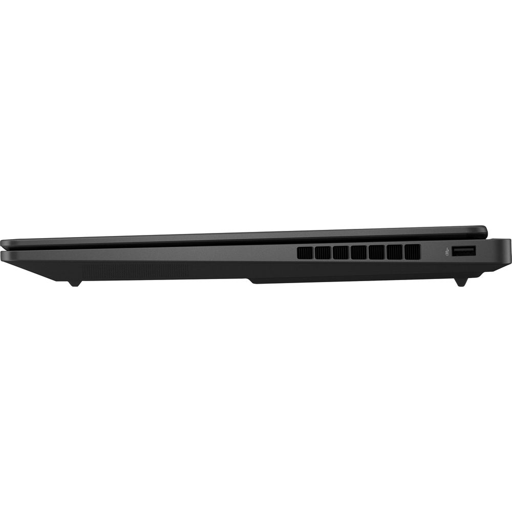 Vista laterale di un laptop nero chiuso con prese d'aria e una porta USB su sfondo chiaro.