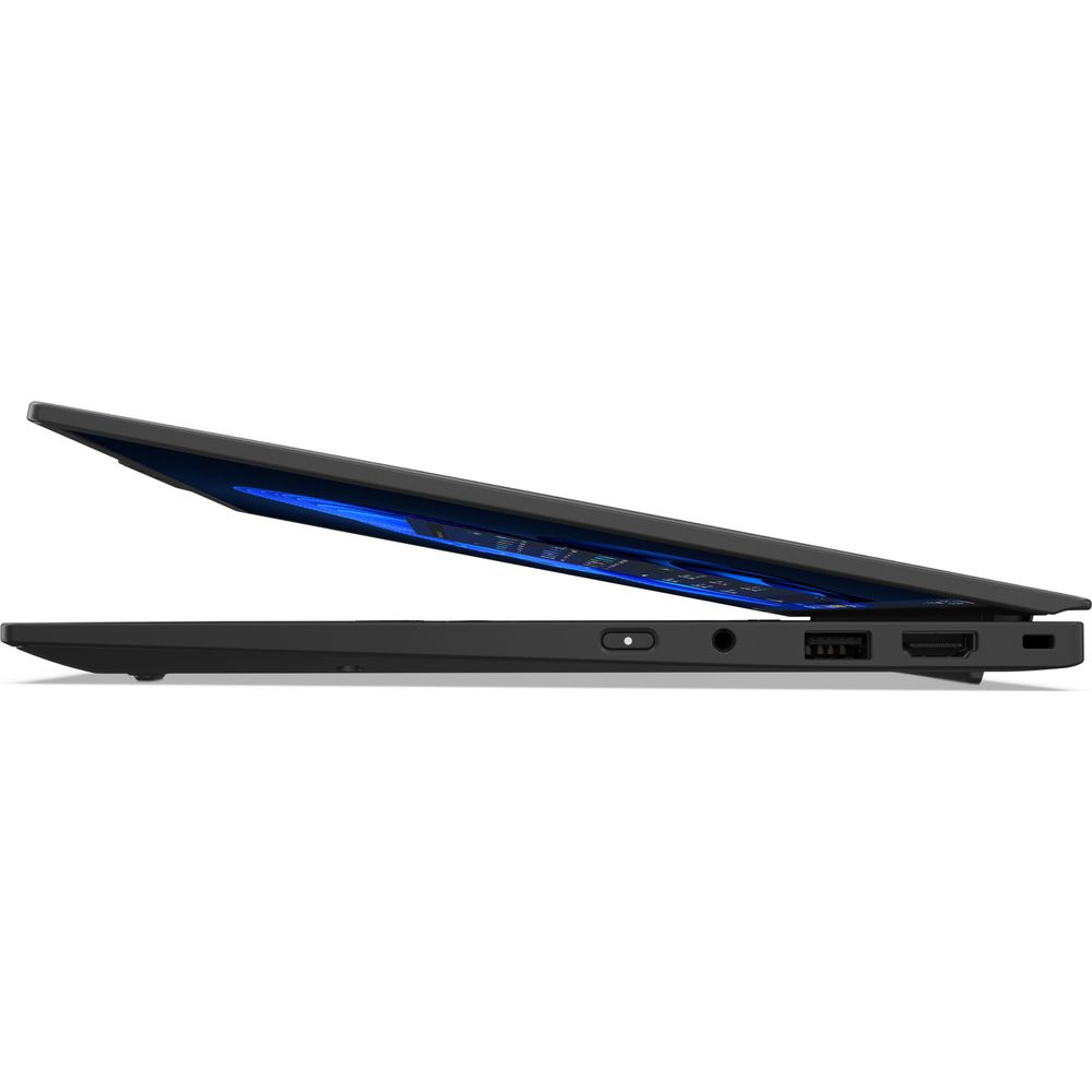 Vista laterale di un laptop nero leggermente aperto che mostra porte e uno schermo blu luminoso.