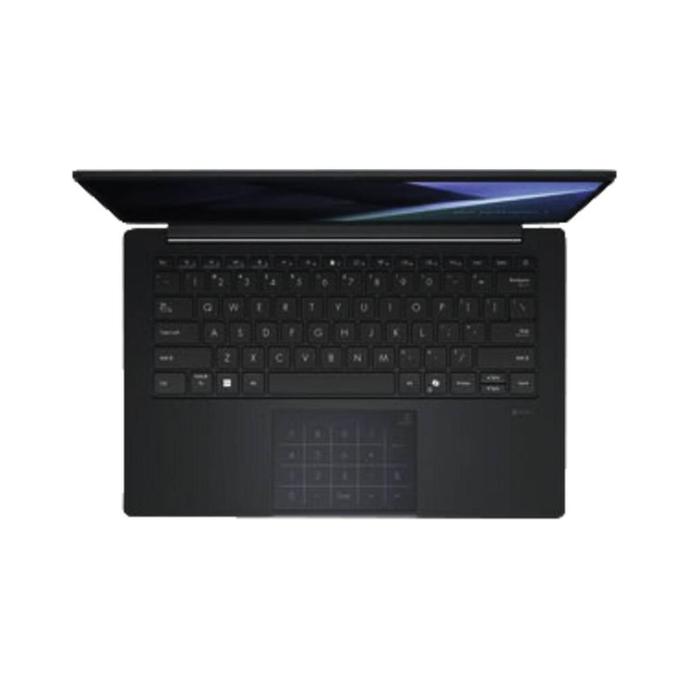 Un ordinateur portable noir vu du dessus, avec un clavier QWERTY et un pavé numérique éclairé sur le pavé tactile.