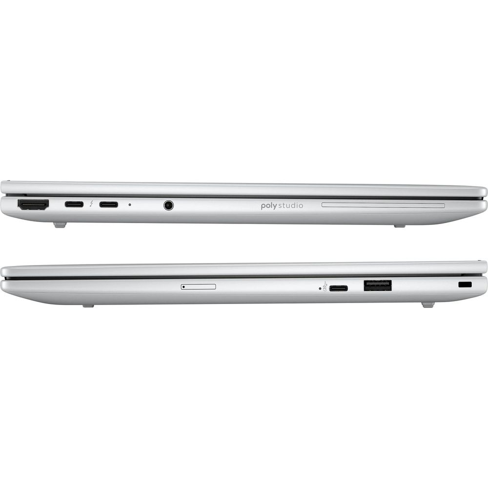 Vista laterale di un laptop argentato che mostra varie porte tra cui USB-C, HDMI e un jack audio.