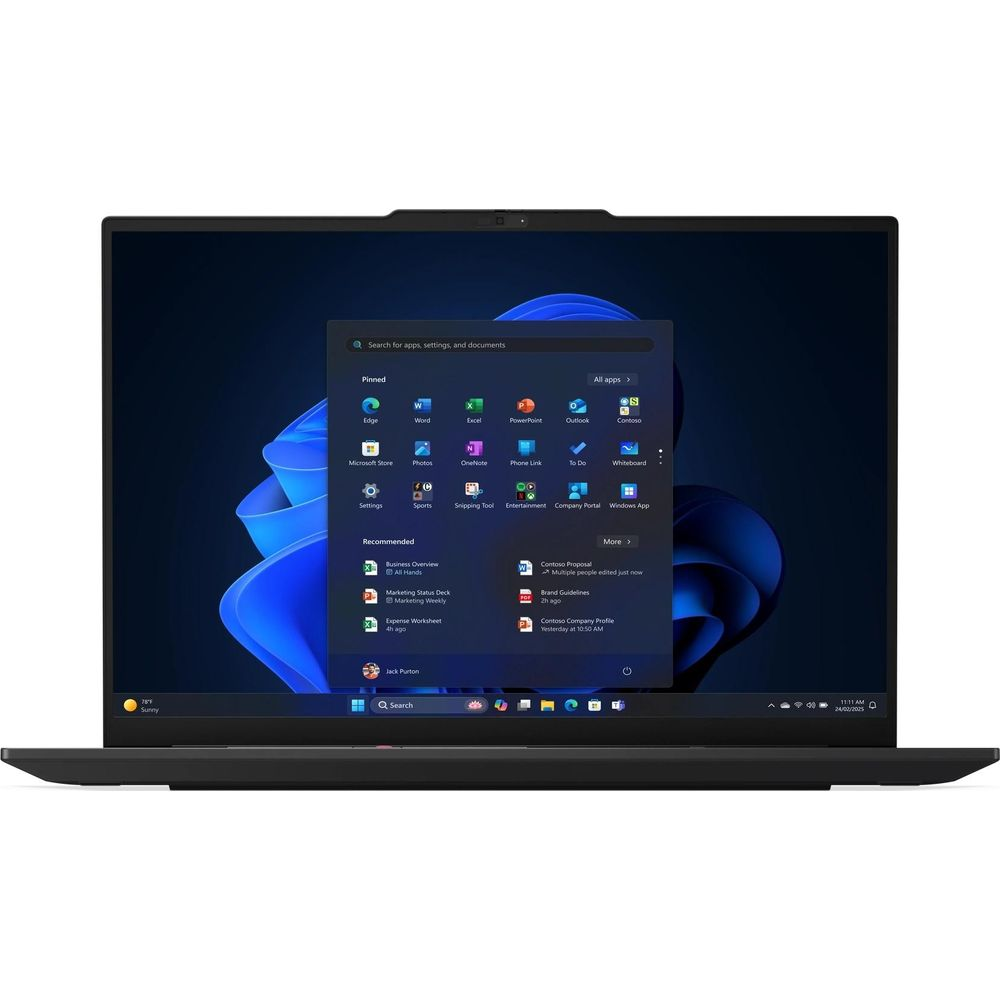 Un ordinateur portable noir affiche le menu démarrer de Windows 11 sur fond bleu.