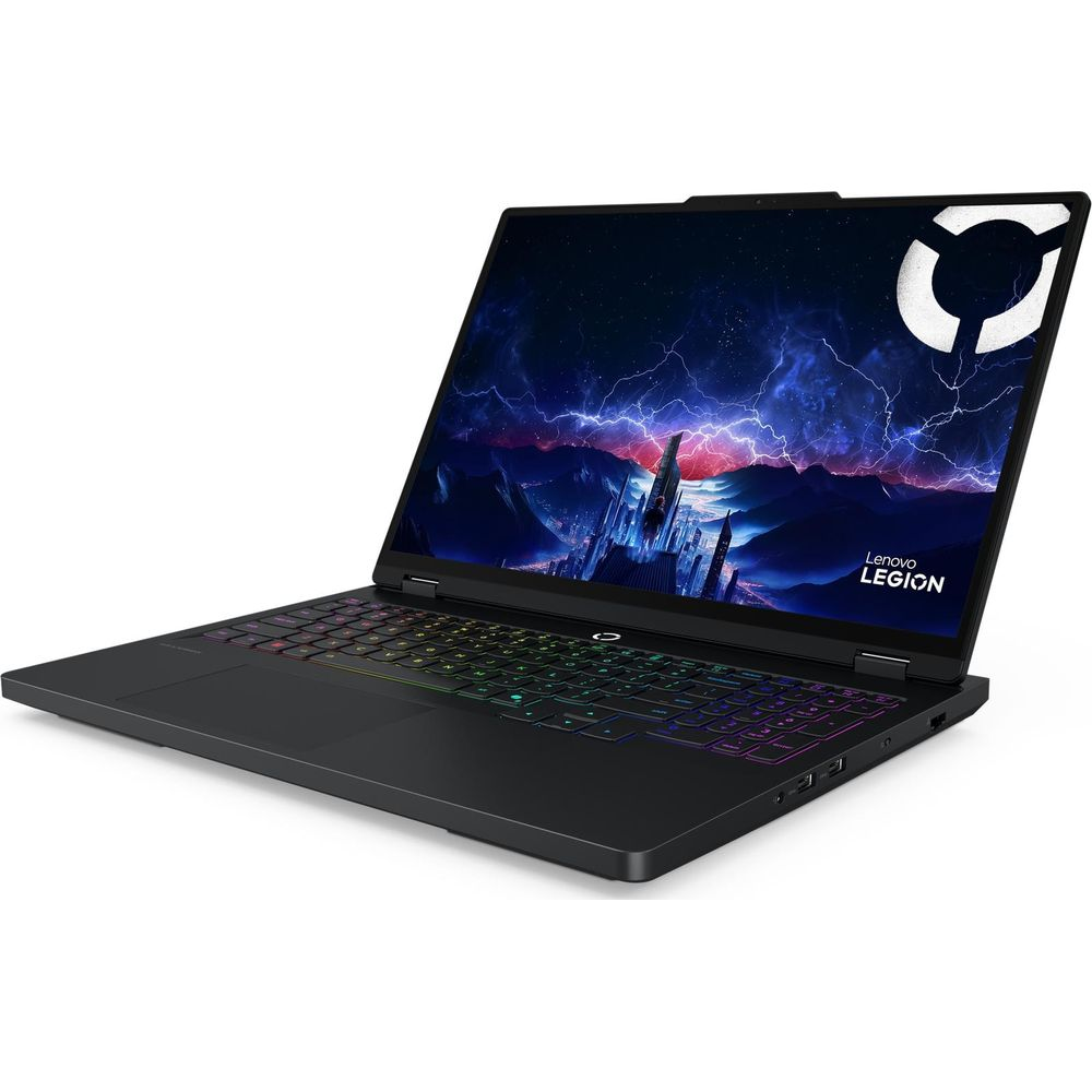 Un laptop da gioco Lenovo Legion nero con tastiera RGB e schermo che mostra una città futurista con fulmini.