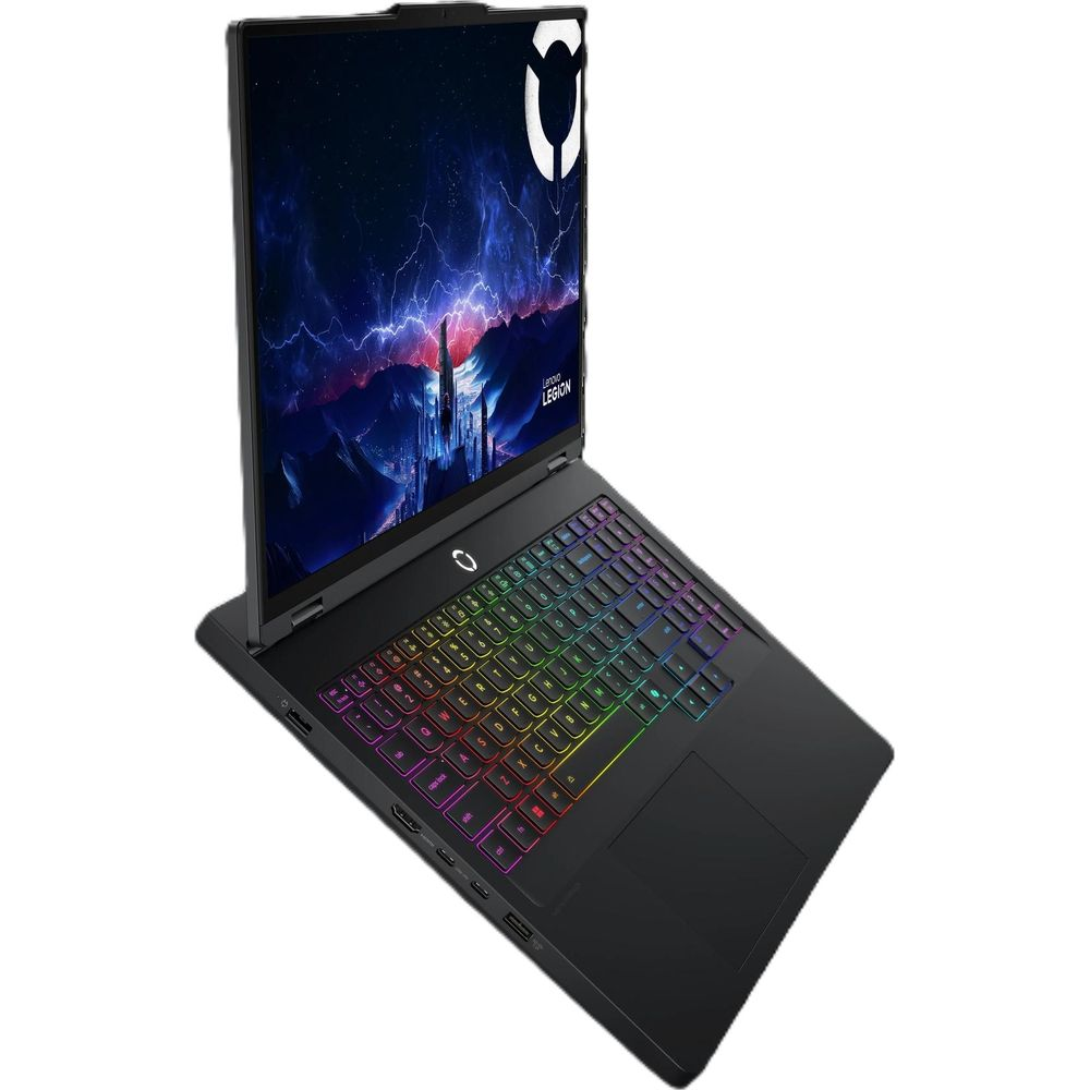 Un laptop da gioco nero con tasti retroilluminati colorati e uno schermo che mostra una scena di fulmini blu.