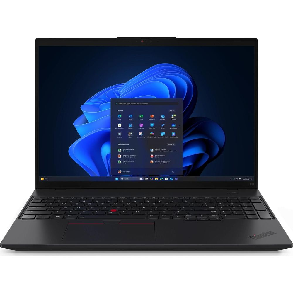Un ordinateur portable noir sur fond blanc affiche le bureau Windows avec un fond d'écran de fleurs bleues.