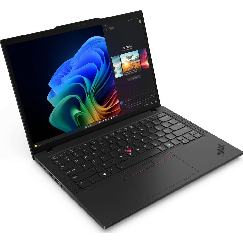 Un computer portatile Lenovo ThinkPad nero con uno schermo Windows colorato su sfondo bianco.