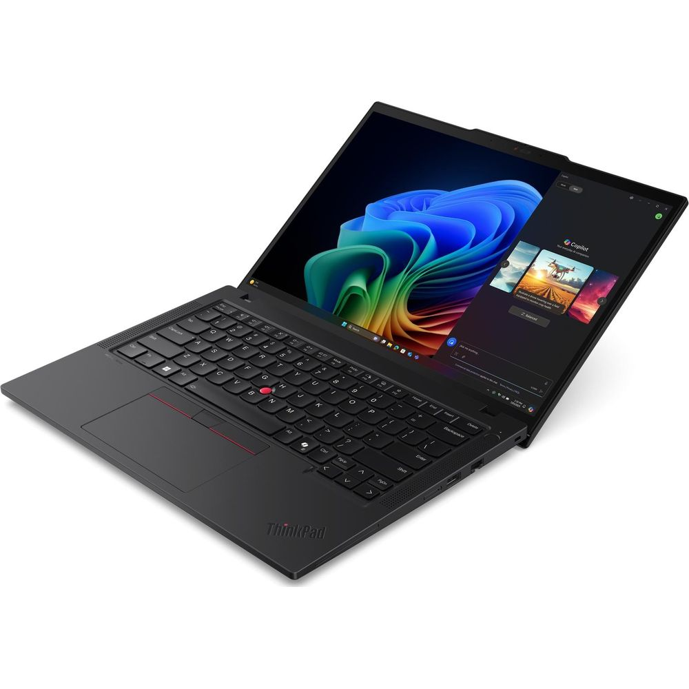 Un laptop ThinkPad nero con doppio schermo aperto che mostra uno sfondo astratto e colorato.