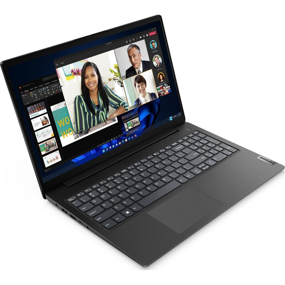 Un laptop nero mostra una videochiamata con quattro persone sullo schermo e una presentazione.