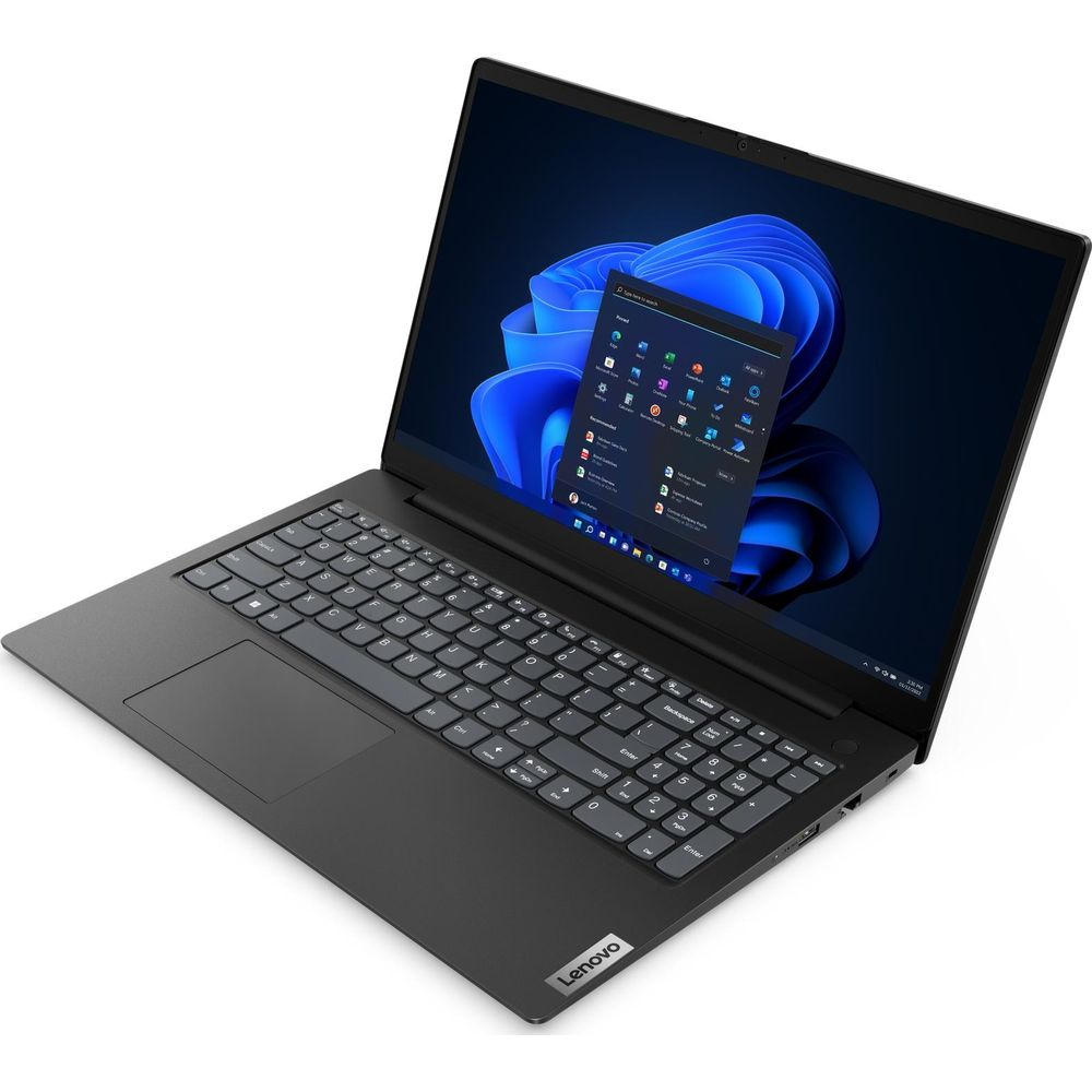 Un laptop nero Lenovo con schermo attivo che mostra un'interfaccia blu di Windows 11 su sfondo bianco.
