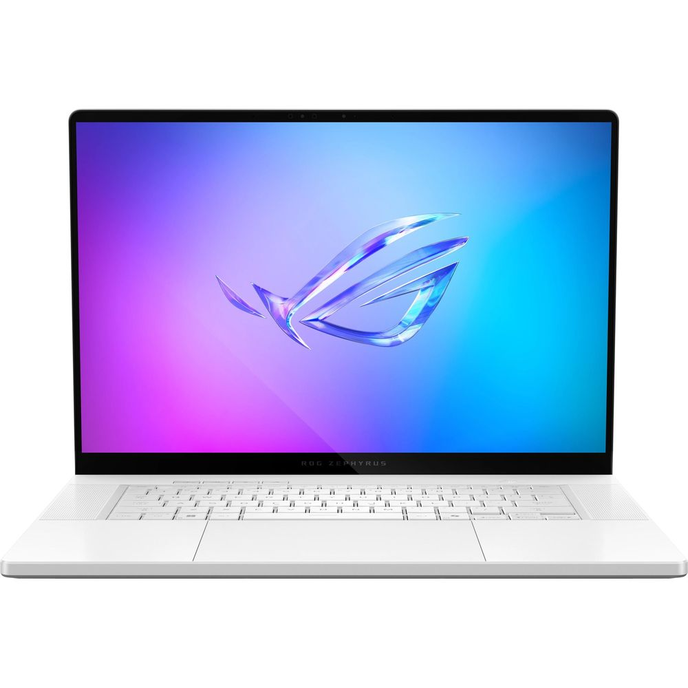 Un laptop bianco con un logo ROG illuminato sullo schermo colorato, visto frontalmente.