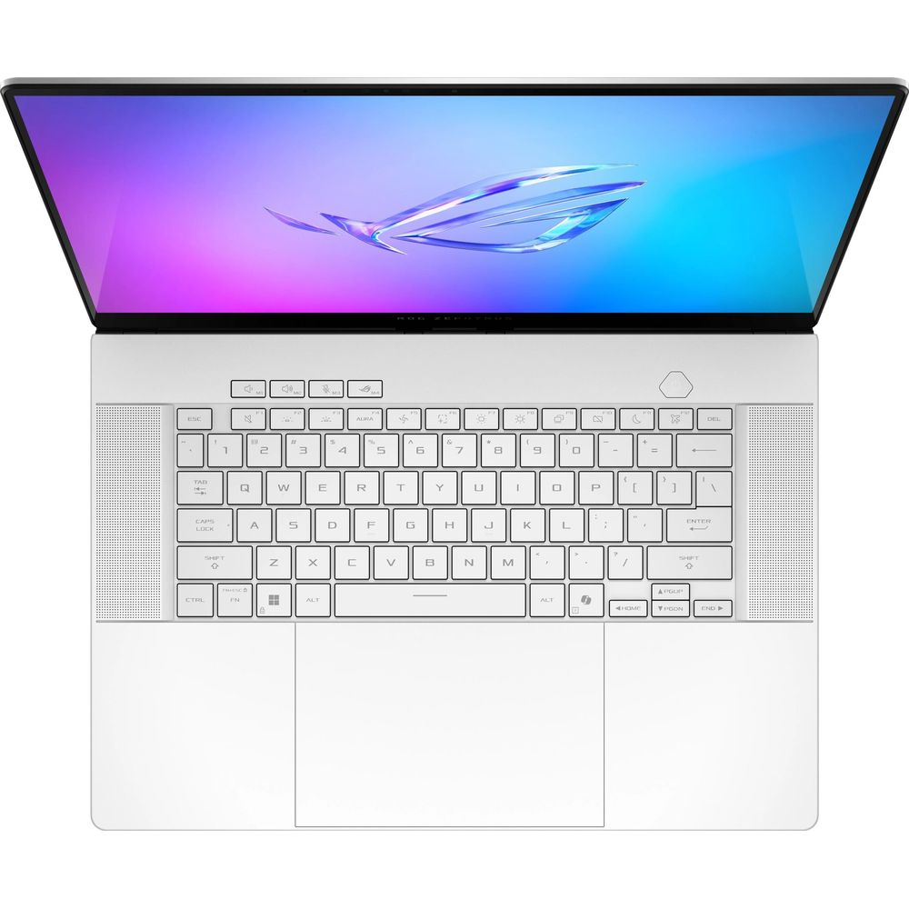 Vista dall'alto di un laptop argento con schermo illuminato blu e viola.