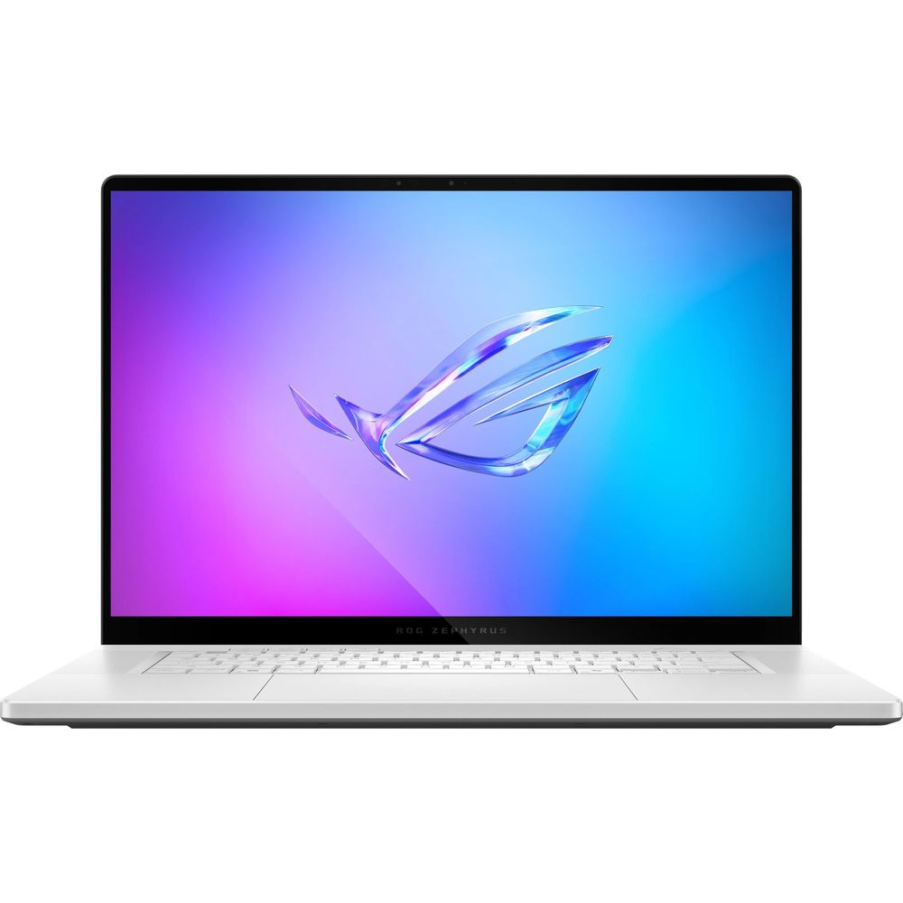 Un laptop bianco con cornice nera mostra uno schermo colorato con un logo ROG.