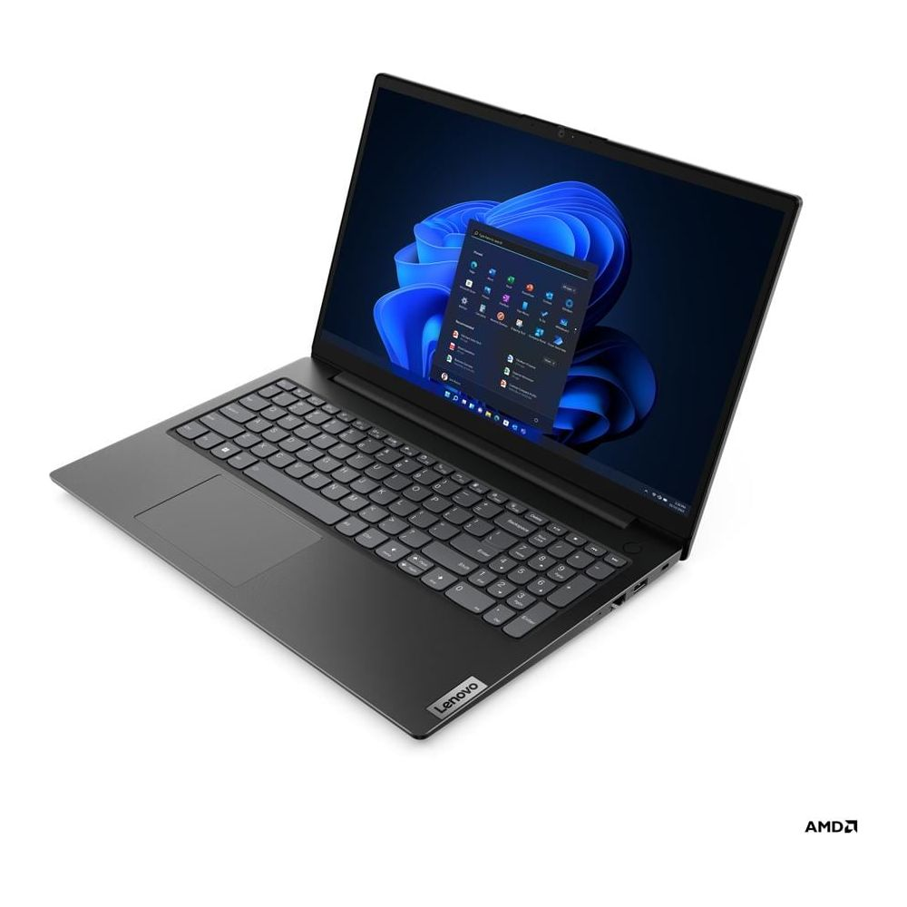 Un ordinateur portable Lenovo noir avec écran bleu illuminé sur fond blanc.
