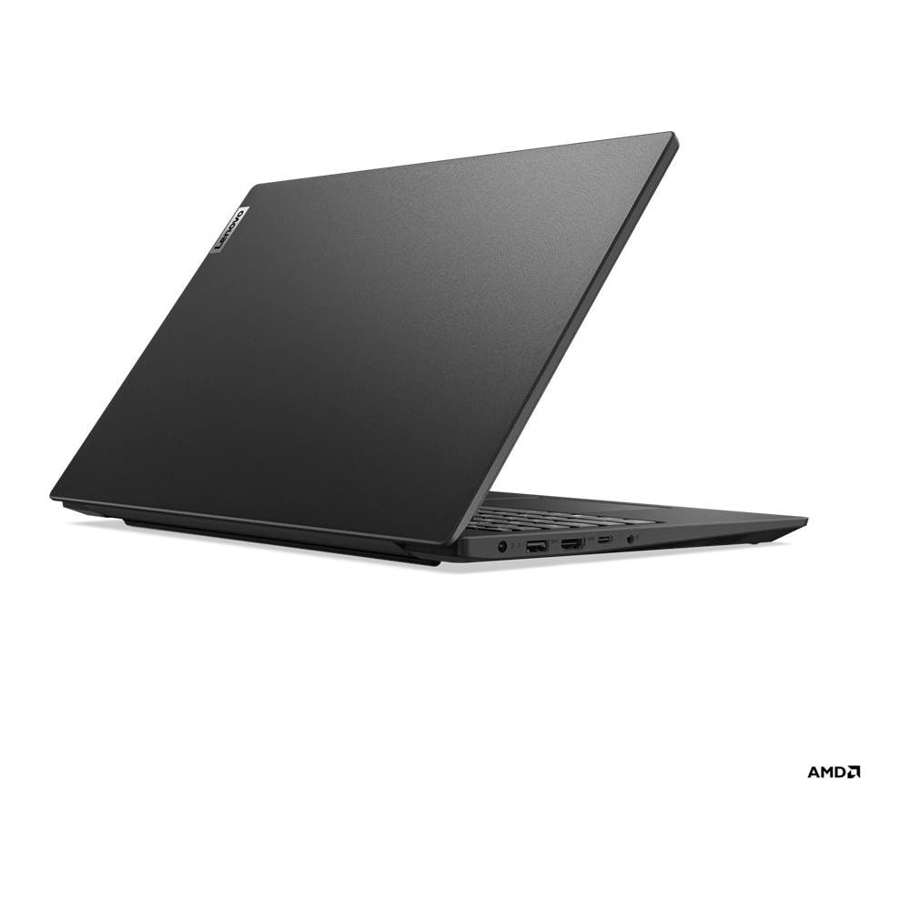 Un ordinateur portable Lenovo noir sur fond blanc avec un logo AMD.