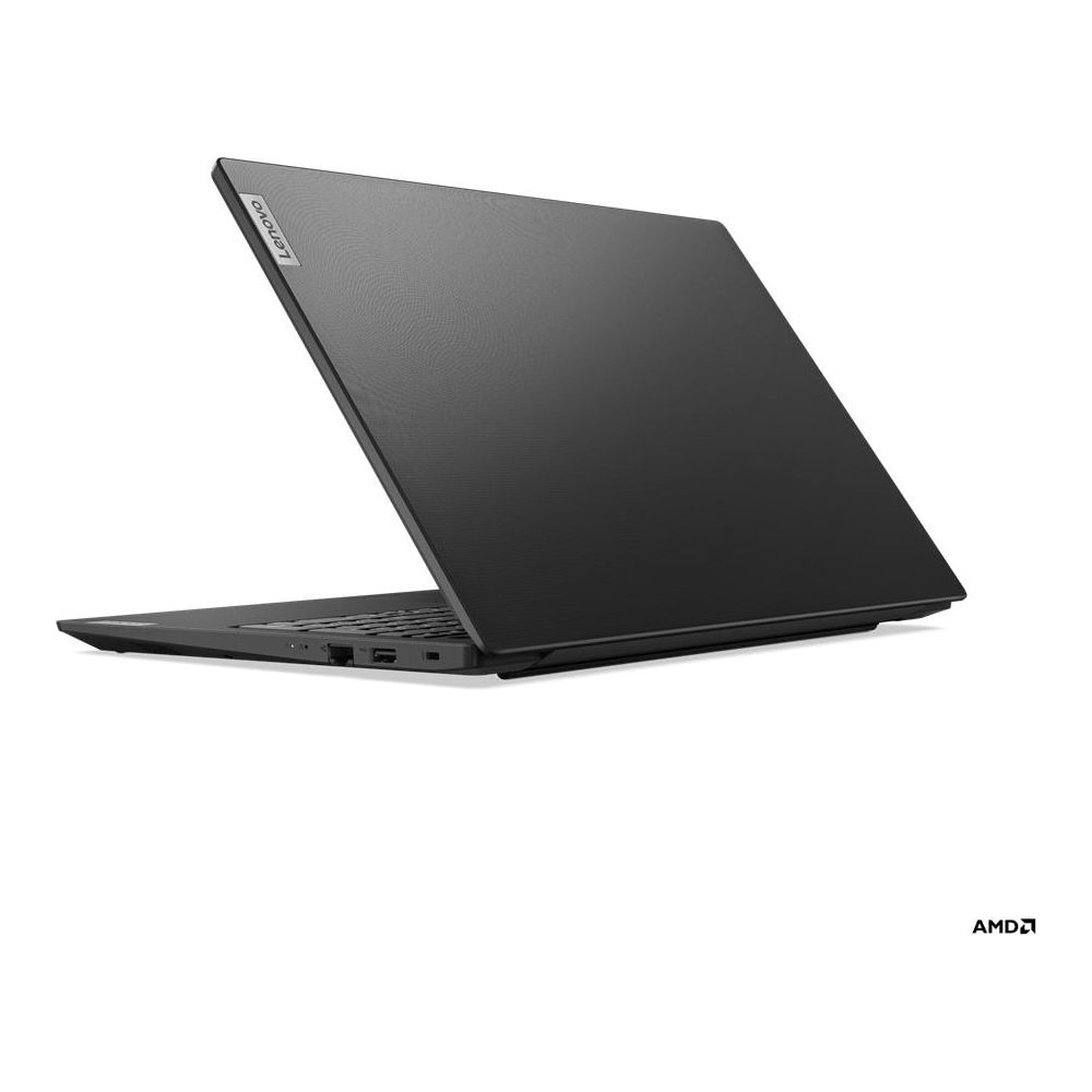 Un ordinateur portable Lenovo noir fermé sur une surface blanche avec le logo AMD en bas à droite.