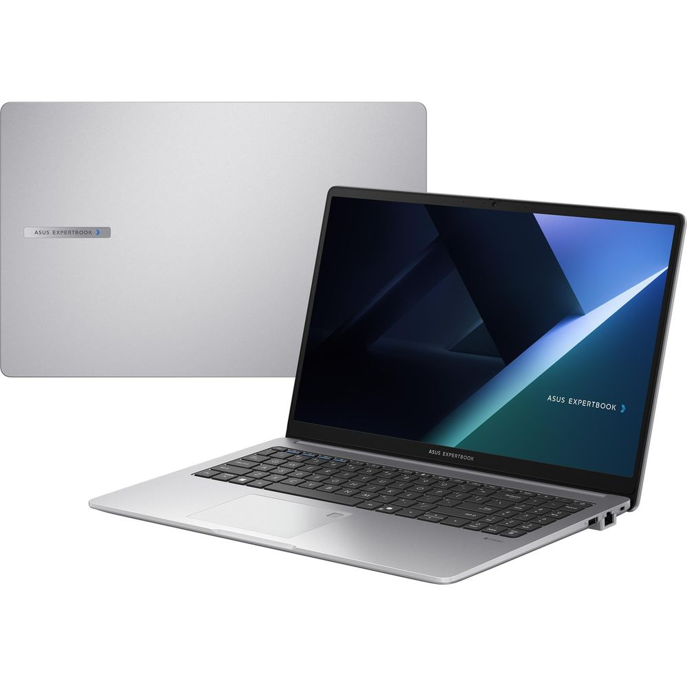 Ordinateur portable ASUS ExpertBook argente, ouvert avec ecran bleu et ferme en arriere-plan sur fond blanc.