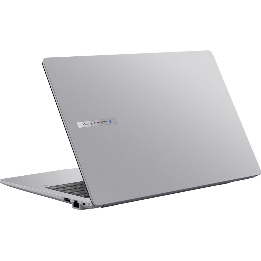 Un ordinateur portable argenté ASUS ExpertBook est ouvert sur fond blanc avec un logo visible.