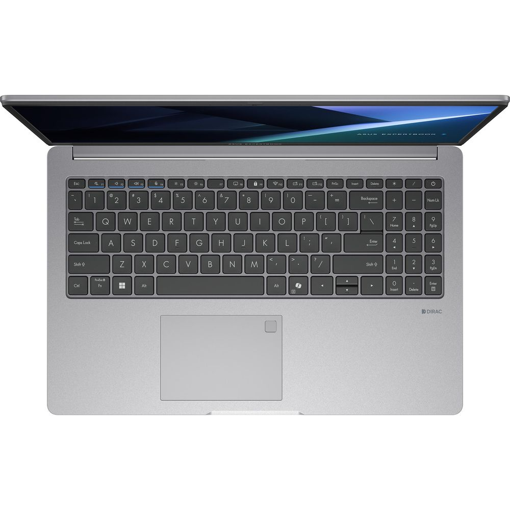 Vue de dessus d'un ordinateur portable gris ouvert avec un clavier complet, un pavé numérique et un pavé tactile.