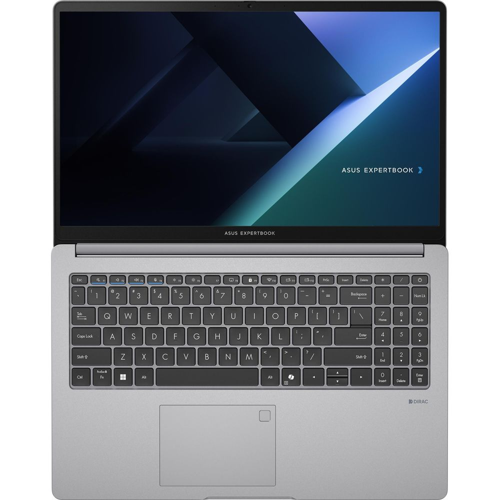 Un ordinateur portable Asus ExpertBook argenté avec un clavier rétroéclairé, un pavé numérique et un fond d'écran bleu.