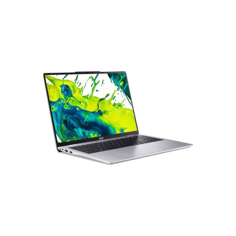 Un ordinateur portable argenté avec un clavier noir et un fond d'écran abstrait bleu et vert.